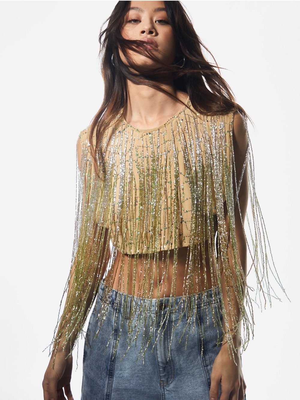 Ombré Tassel Beaded Fringe Crop Top / Cape